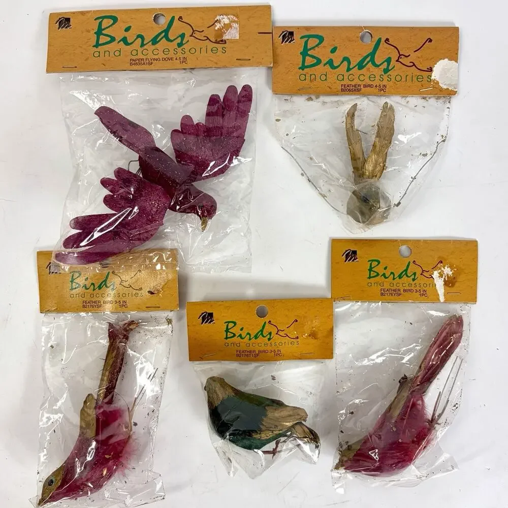 Vtg Lot Of 5 Feathered Metallic Birds Wired Feet Ornaments Crafts Mangelsons NEW